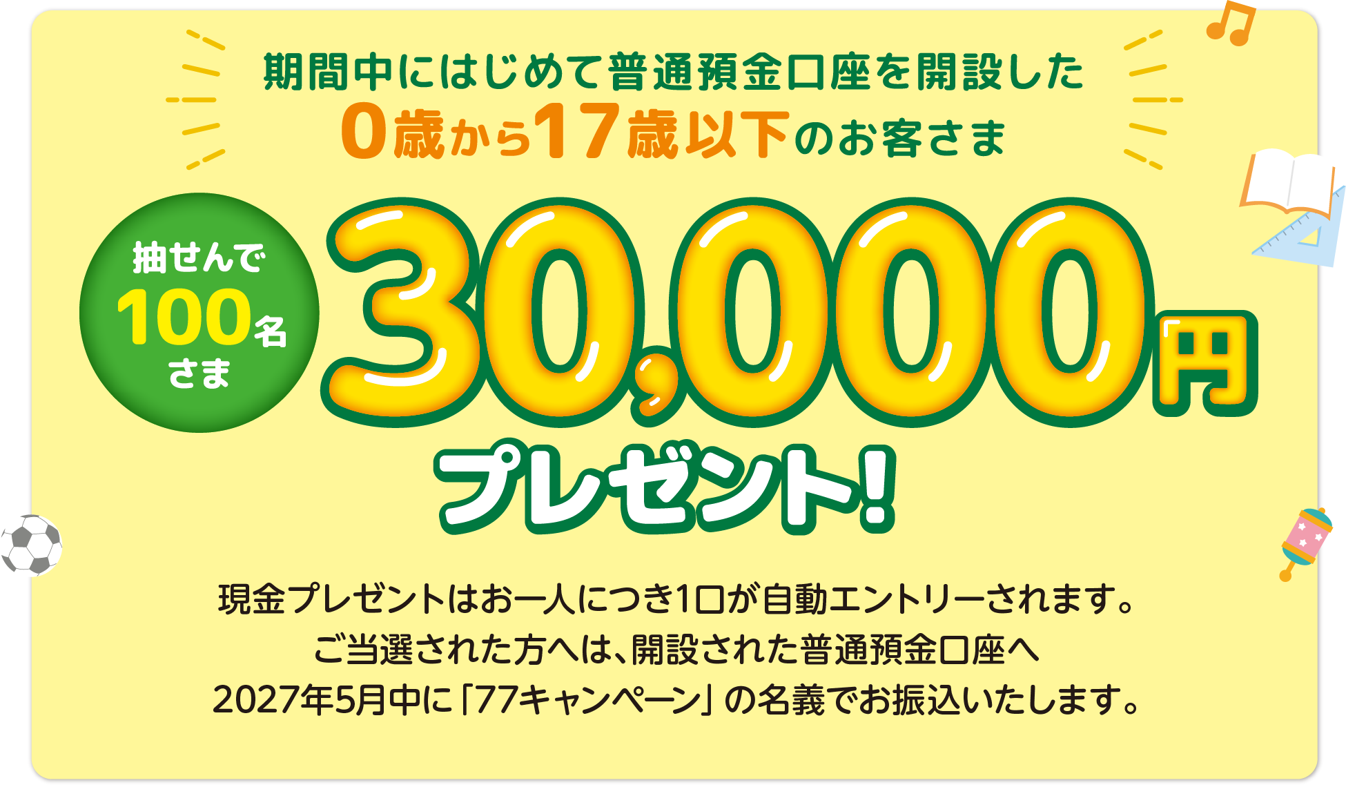 期間中にはじめて普通預金口座を開設した
0歳から17歳以下のお客さま 抽せんで100名さま30,000円プレゼント!