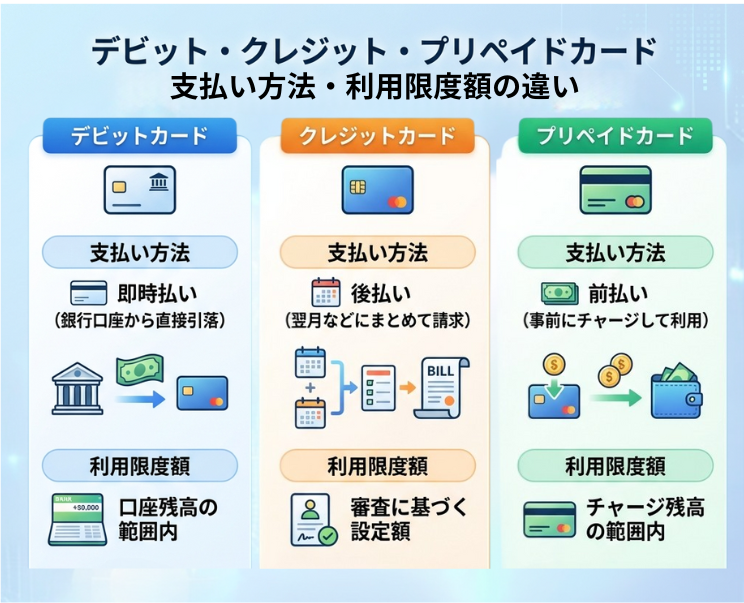 デビット・クレジット・プリペイドカード　支払方法・利用限度額の違い